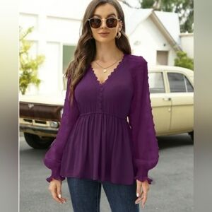 New with tags! Missky Womens XL purple vneck swiss dot long sleeve blouse